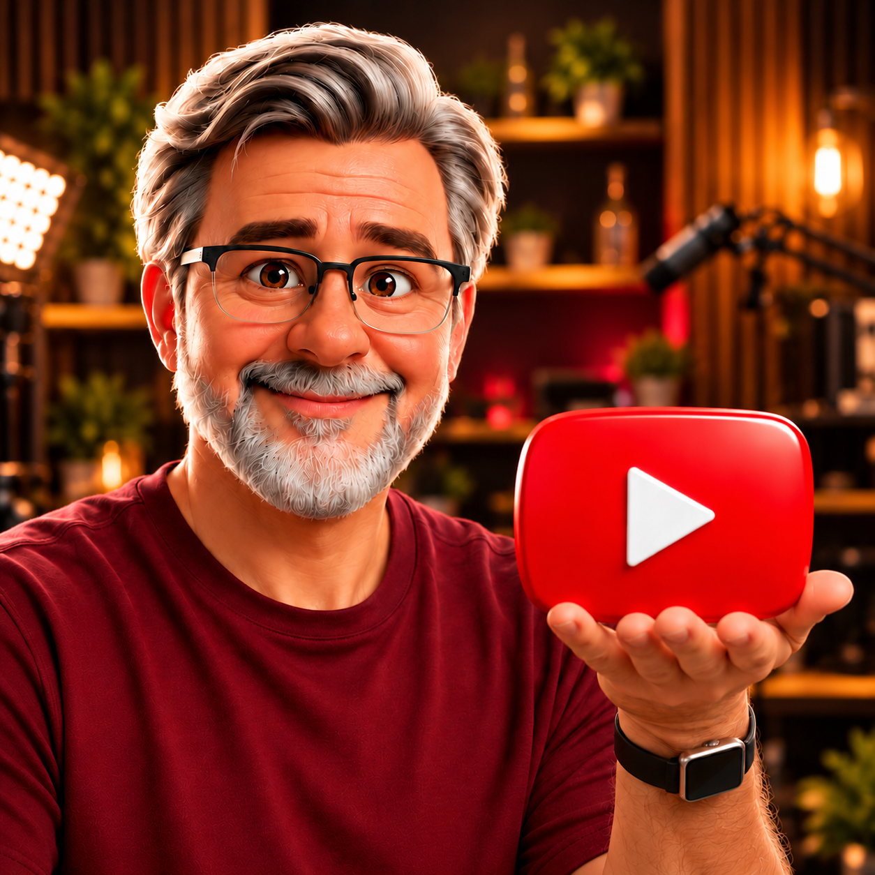 Friendly illustrated older creator with glasses, presenting a red video play button