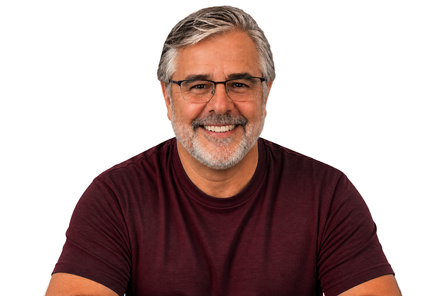 Old Man Chris smiling in a maroon shirt